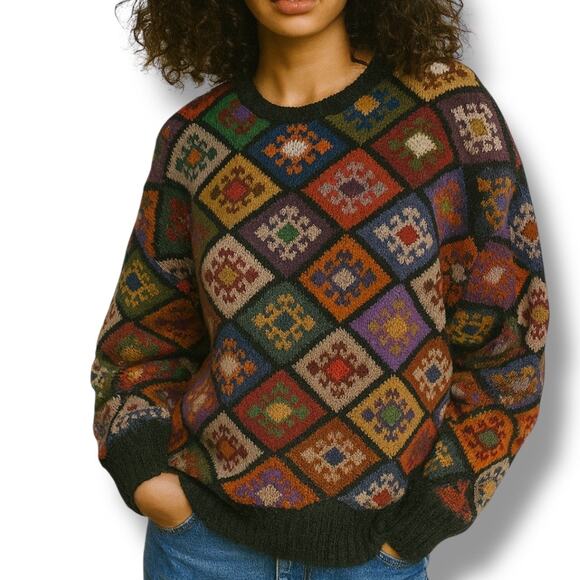 Vintage 90s Peruvian Connection Alpaca Sweater Burgundy Diamond Loose Knit Small - Picture 11 of 11